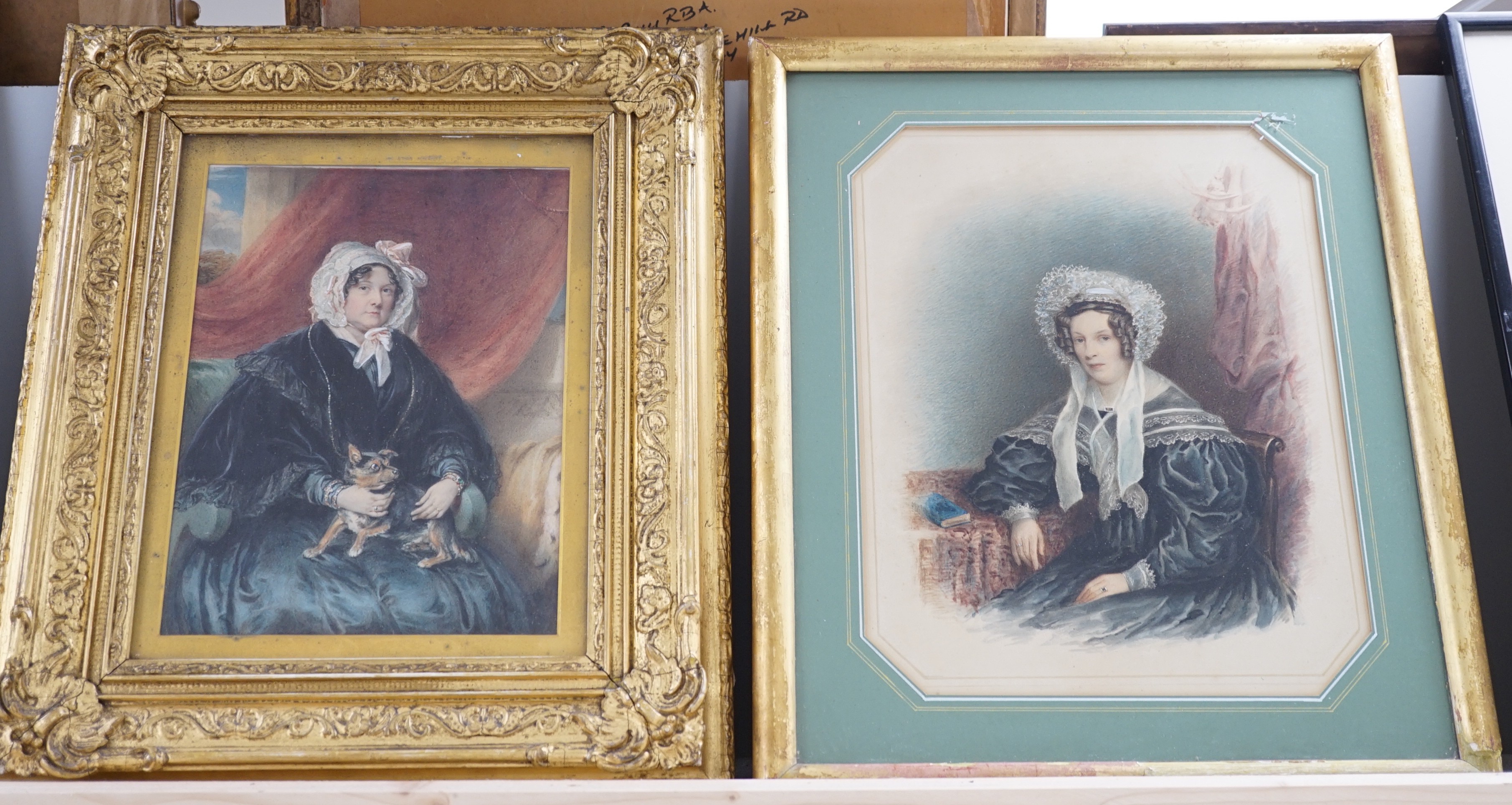 Sir William John Newton (1785-1869), watercolour, Portrait of a lady with a lap dog, 22 x 17cm, and another similar portrait of Mrs Baily, wife of Dr Bailey of Harwich, 27 x 21cm